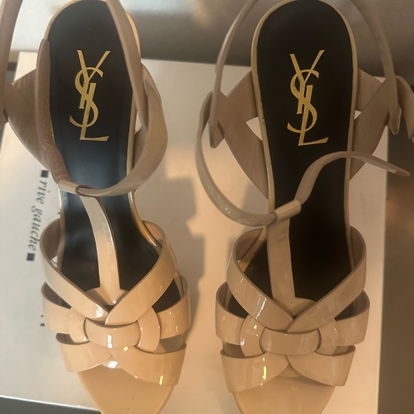 YSL Saint Laurent Powder Beige Patent Tribute Platform Sandals Size 38 Worn 1x - Picture 6 of 9